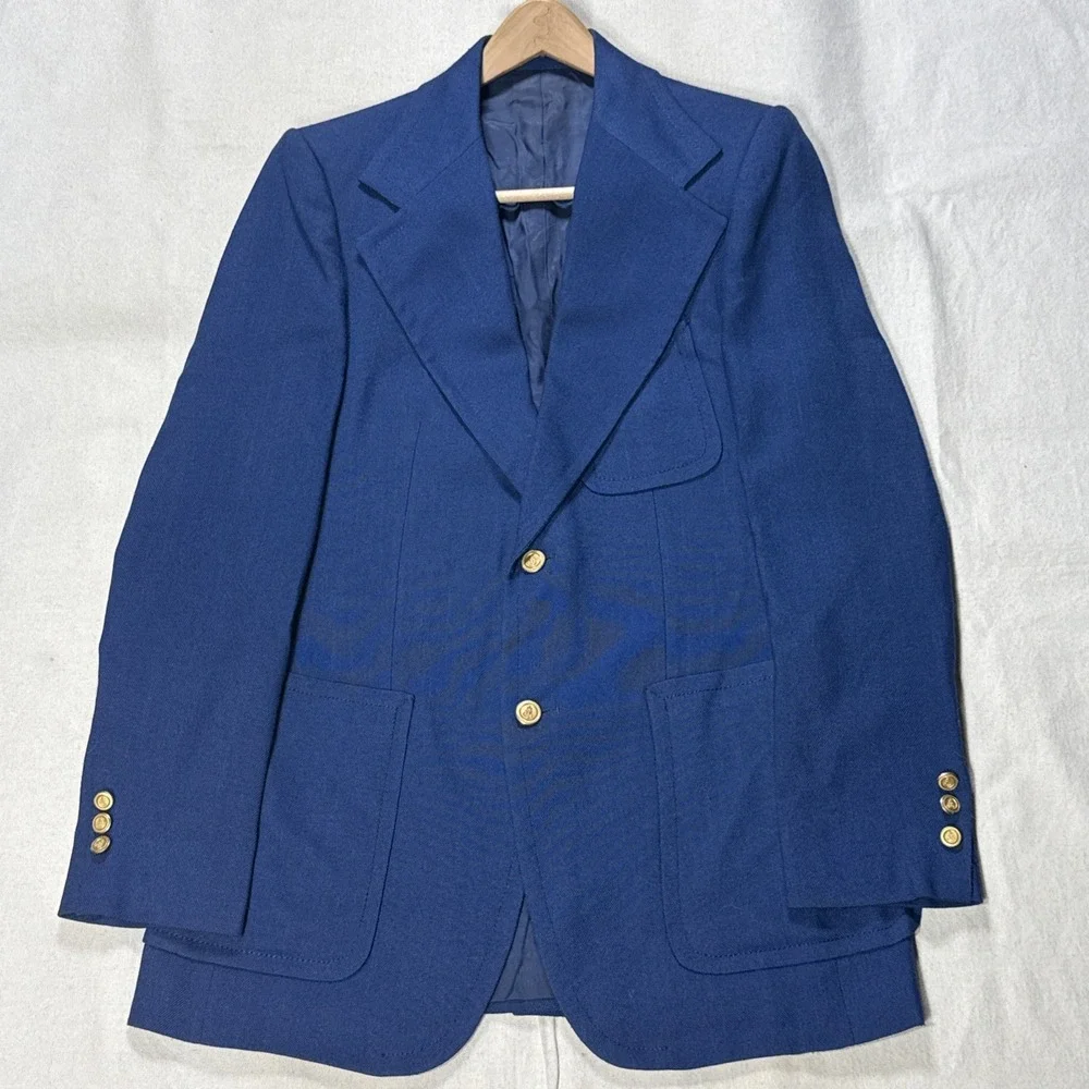 Stanley Blacker Blazer Mens 36L Navy Blue Gold Metal Buttons Red Lining